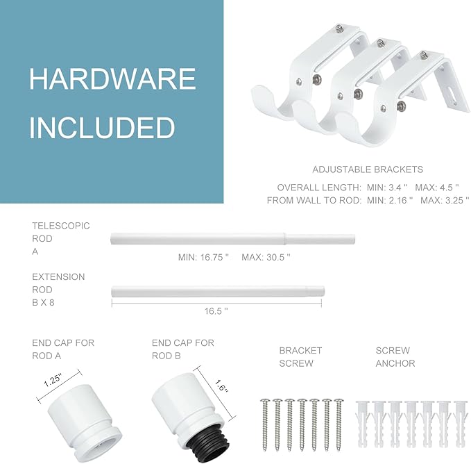 Byondeth Curtain Rods for Windows 16 to 144 Inches Adjustable Length 1 Inch Diameter Window Curtain Rod with Aluminium End Cap, White