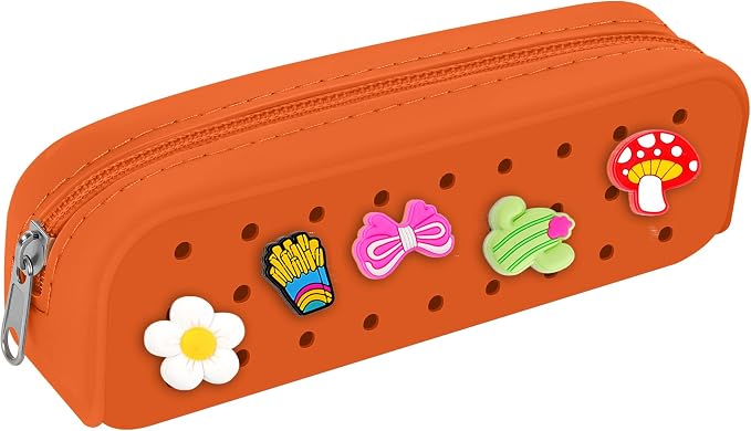 BestStone Silicone Small Pencil Pouch – Small Pencil Case with DIY Holes and 10 Decorative Charms, Multipurpose Makeup Bag or Stationery Organizer, Large Capacity(Orange)