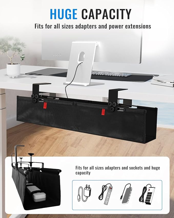 No Drill Cable Management Under Desk, 28" Cord Organizer for Table, Clamp/Screw Mount Cable Tray, Premium Black Fabric Desk Cord Management Tray for Office, Home (Regular (28 in))