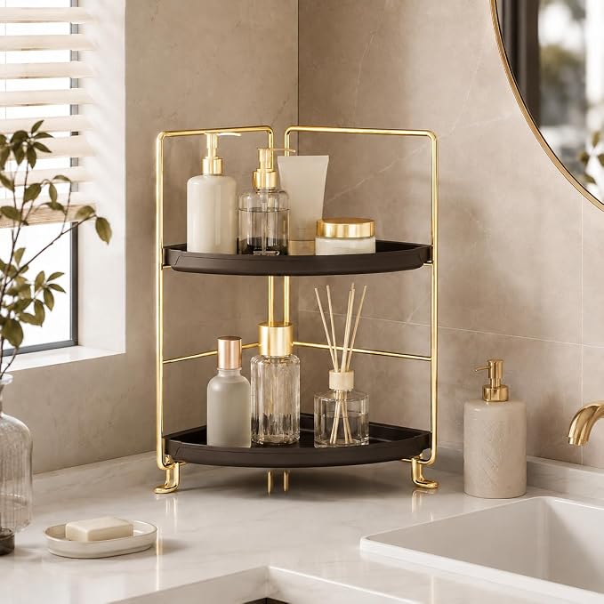 FSyueyun 2-Tier Corner Bathroom Counter Organizer (Gold & Brown) | Vanity Organizer and Storage for Countertop, Small Plastic Bathroom Trayp, Tool-Free Assembly Space Saving Corner Shelf