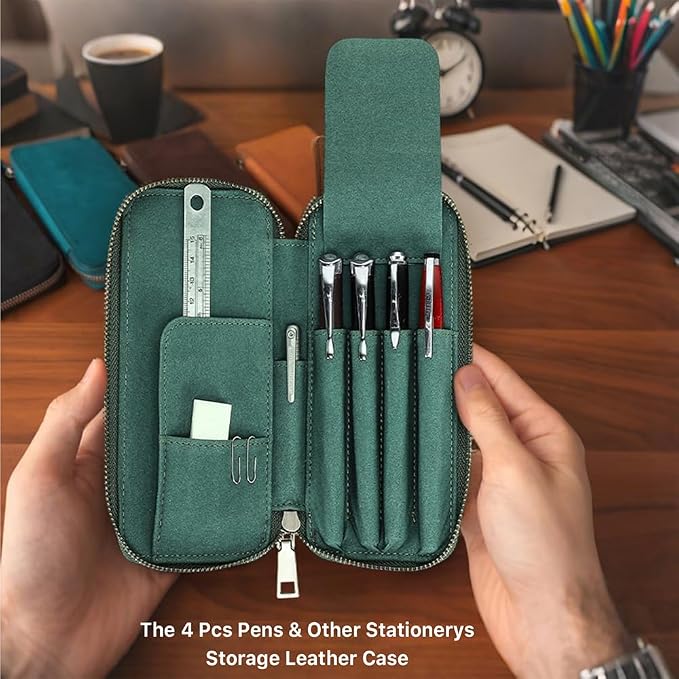 CONTACTS Full Grain Leather Pencil Case Handmade Vintage Zipper Pen Holder Pouch with Card Slot Pens Organizer Pockets Stationery Bag for Men and Women (Dark Green)
