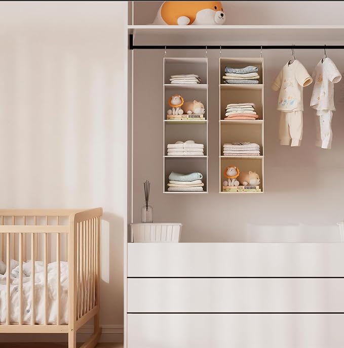 VERONLY Hanging Closet Organizer with Bamboo Shelves - Foldable Closet Storage for Baby Clothes, Towels, Scarves,Space Saving Shelves Organizer (White)