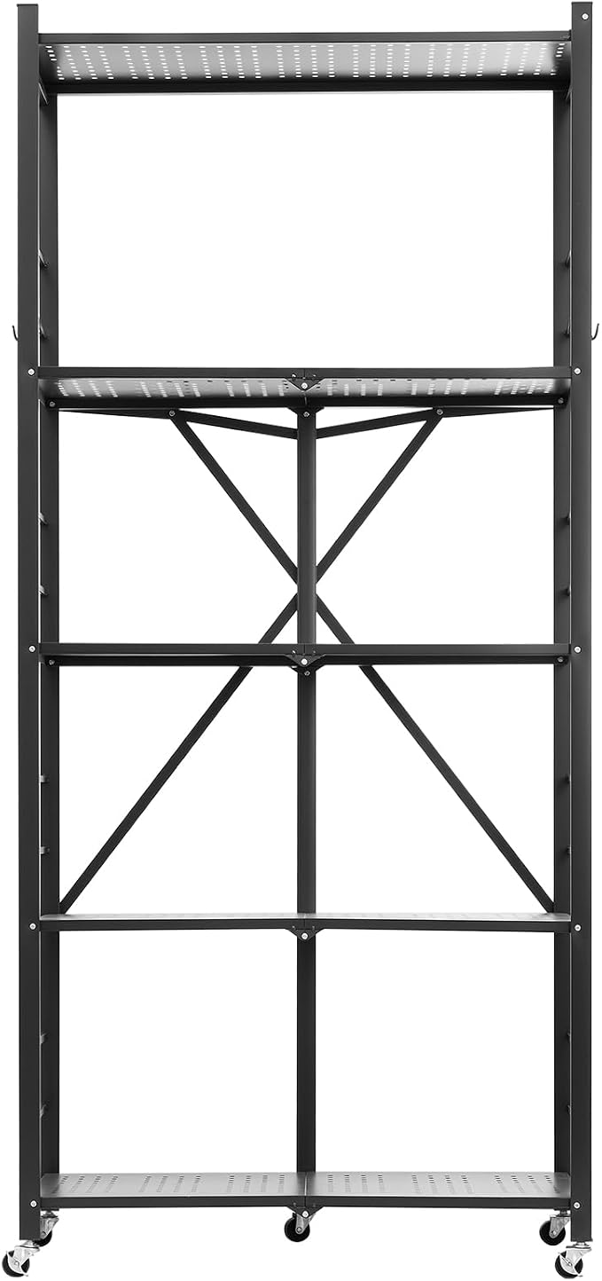 VEVOR 5-Tier Foldable Storage Shelf, 32W x 14D x 72H Inch Folding Metal Rack Shelving Unit, Heavy Duty No Assembly Organizer Shelf with 5 Wheels & 4 Hooks for Pantry, Kitchen, Garage, Basement, Black