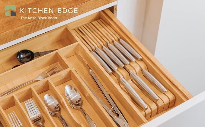 KitchenEdge In-Drawer Knife Block Holder, 11 Slots, Bamboo | Fits most knife sizes, rubber feet, food-safe finish