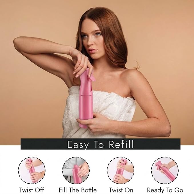 VIGOR PATH Continuous Spray Bottle for Hair – Fine Mist Mister for Hairstyling, Cleaning, Plants, Pets, Barbers, Salons, and Essential Oil Applications (300ml/10 oz) Pink