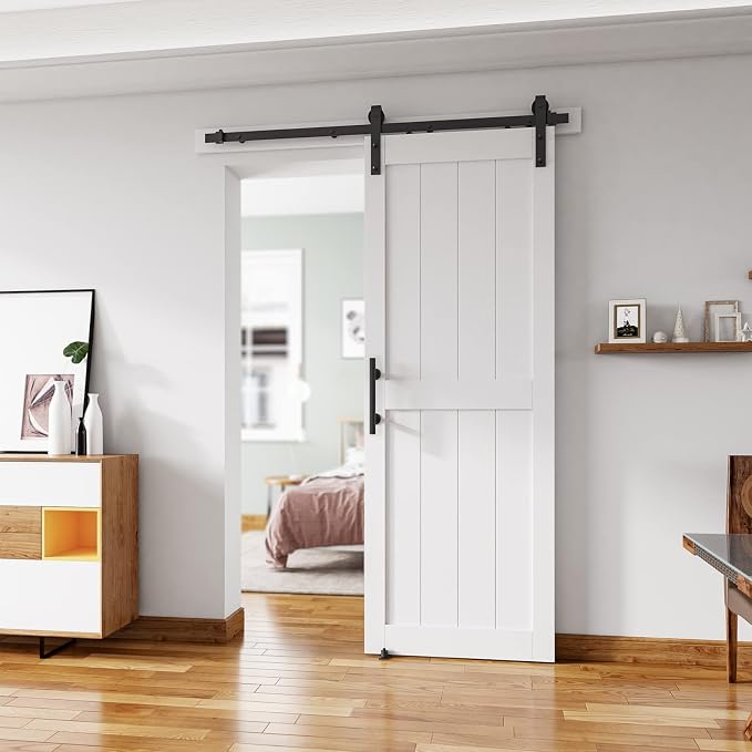 30''x84'' Sliding Barn Door with 5 Ft Barn Door Hardware Kit | Pre-Drilled Holes Easy Assembly - Include Installation Manual, Water-Proof PVC Surface, H-Frame, White