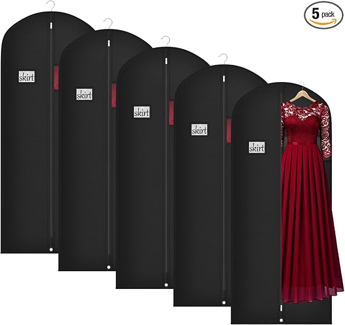 Univivi 60 Inch Long Garment Bags for Hanging Clothes, 5 Pack, Black | Breathable Dress Bag, Dustproof Hanging Garment Bag, Clear Window and ID Card Holder for Coats, Dresses