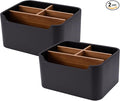 2 Pack Remote Control Holders, Desk Organizers with Dividers,Black | Set of 2 resin and wood organizers with dividers for remotes, pens, glasses, and media devices on desk, table, or nightstand