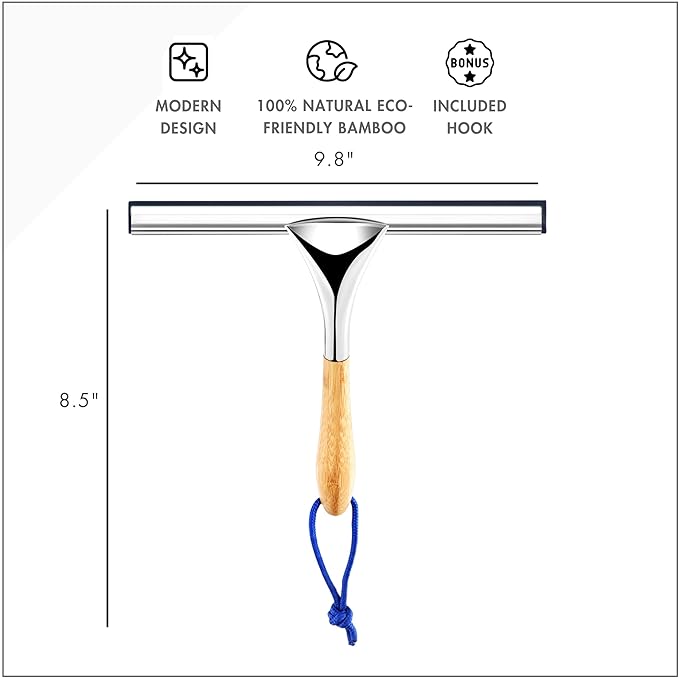 ToiletTree Products All Purpose Bamboo Stainless Steel Squeegee - Rust Proof Deluxe Squeegee with Hanging Hook – Hand Wiper for Shower Doors, Bathroom, Car Window & Kitchen (Bamboo)