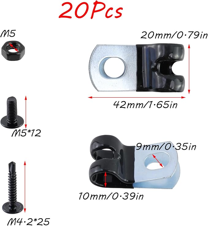 Antrader 20Pcs 0.39inch R-Type Carbon Steel Rubber Coated Cable Clamps | 10mm Protective Insulated Cable Organizer,Metal Cord Fastener for Wiring Management