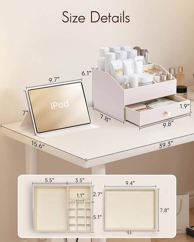 VLANDO Makeup Organizer,Vanity Organizer with Drawers, PU Leather Skincare Organizer Perfume Organizer,Large Cosmetic Display Case for Lipstick,Brushes Gifts for Women-Apricot White