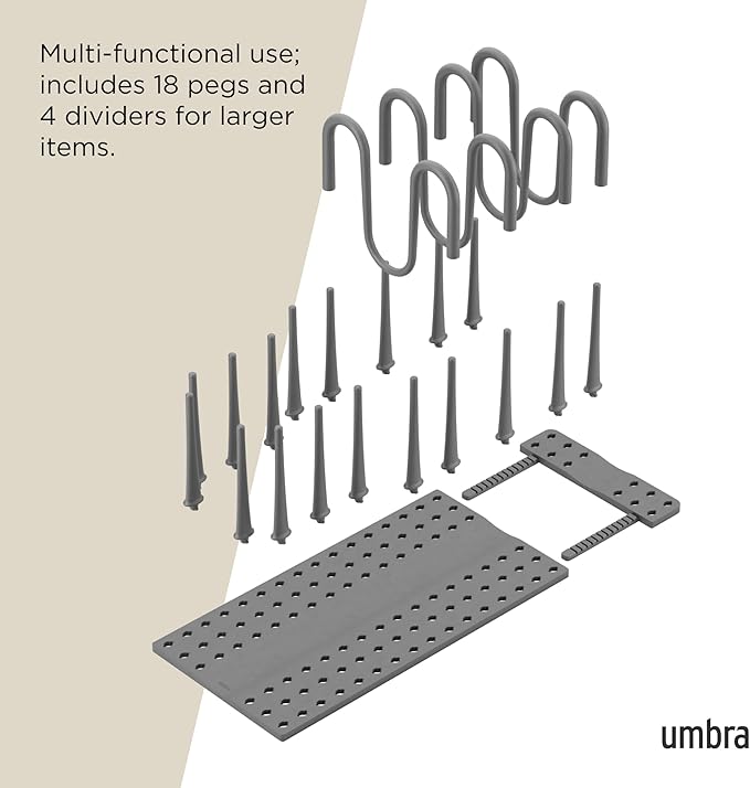Umbra Peggy Kitchen Drawer Cupboard Organizer Tray - Adjustable Storage System For Food Containers, Cookware, Serveware, Utensils and More, Grey (Pack of 3)