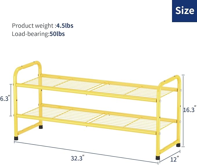 2 Pack Shoe Rack, 2-Tier Metal Stackable Shoe Shelf Storage Organizer, Heavy Duty Wire Shoe Stand for Entryway, Closet, Hallway, Holds 50 LBS, Gold