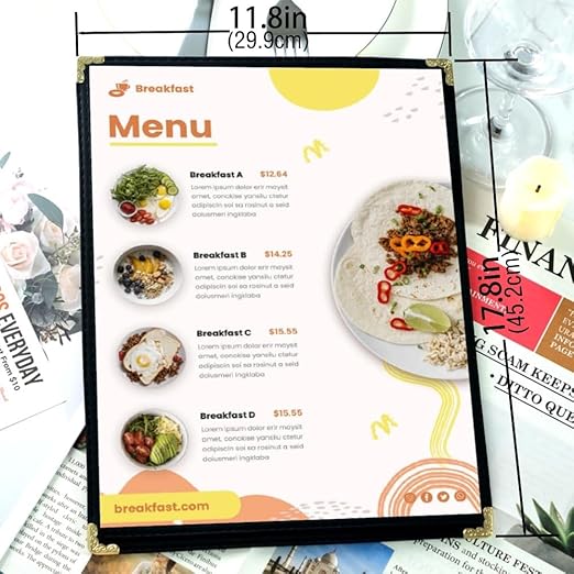 Goodsmart Restaurant Menu Covers – 25 Pack Black 2-View, Top-Loading Menu Holders, Vinyl & Plastic Café Menu Covers, Clear Menu Sleeves, Fits 11" x 17" & 8.5" x 11", Gold Corners