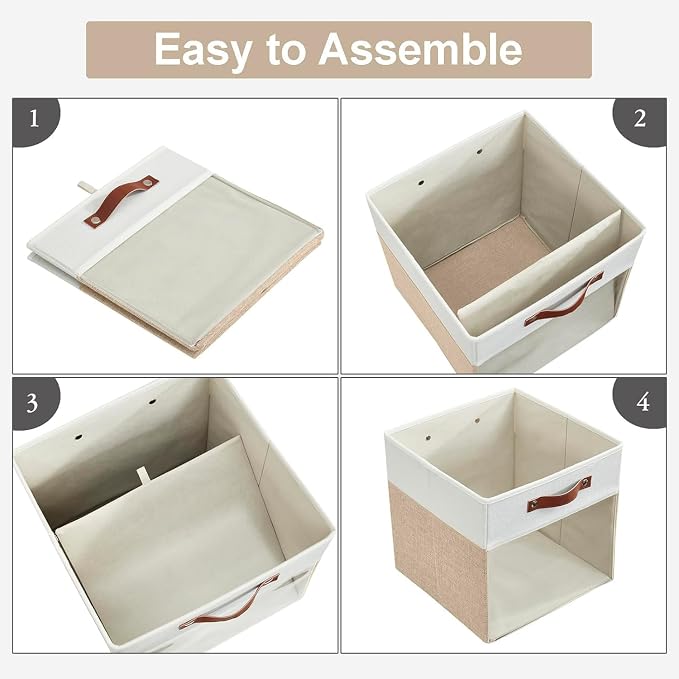 Bagnizer Storage Cubes, 4 Pack Linen Foldable Storage Bins with Clear Window and 2 Handles, 13x15x13 Storage Cube Bins for Shelf Closet, Kallax, Clothes, Books - (Beige / Off-White)