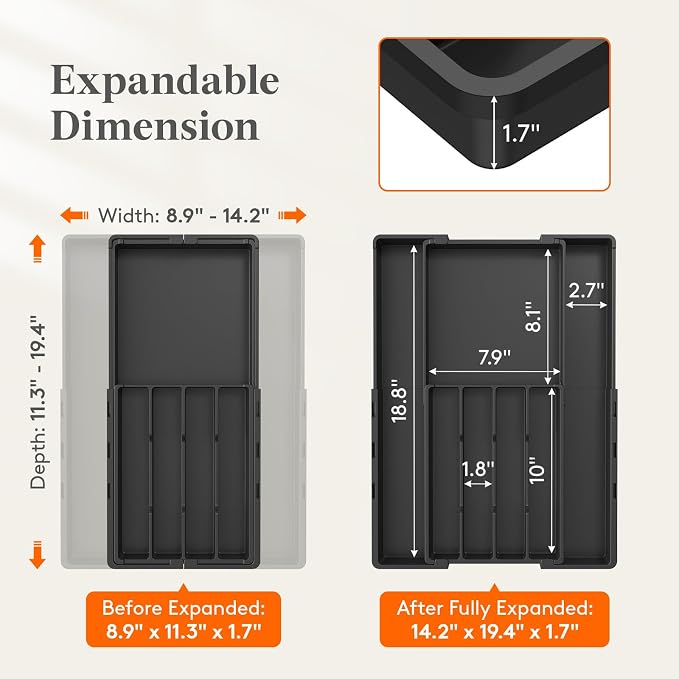 Lifewit Silverware Drawer Organizer, Expandable BPA Free Utensil Tray for Kitchen, Adjustable Flatware and Cutlery Holder, Plastic Storage for Spoons Forks Knives, 8.9-14.2 x 11.3-19.4 x 1.7, Black