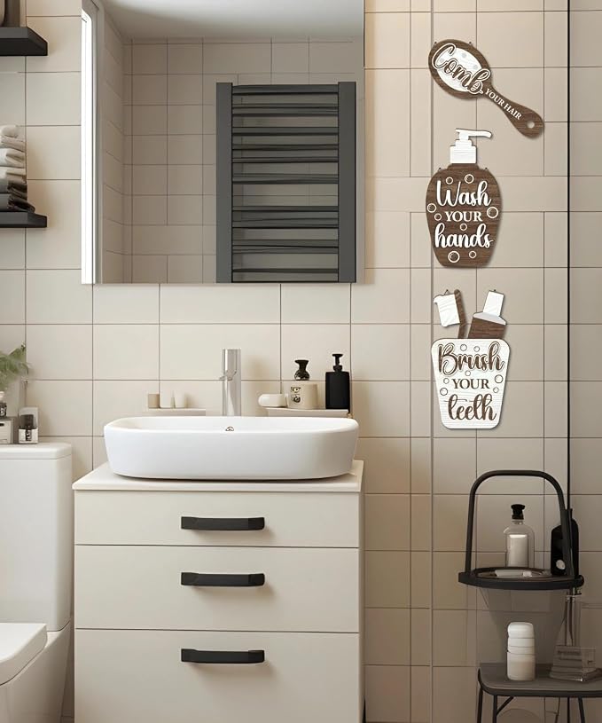 Putuo Decor Bathroom Wall Decor Sign Set Brush Your Teeth Comb Your Hair Wash Your Hands Wooden Wall Hanging for Kids Bathroom Home Restroom Decor