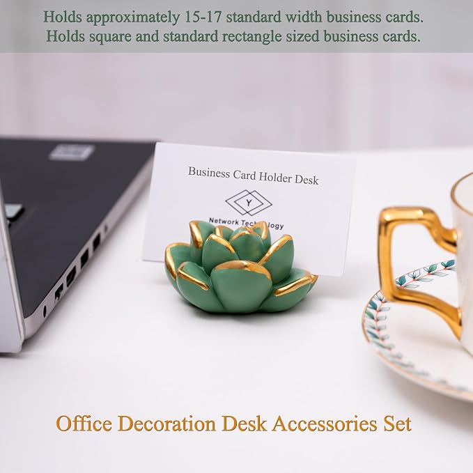 Resin Succulent Business Card Holder Set of 5 - White, Pink, Green, Purple, Yellow - Cute Card Display Stand for Store, Weddings and Office Desk Decor Accessories - Unique Gift for Women
