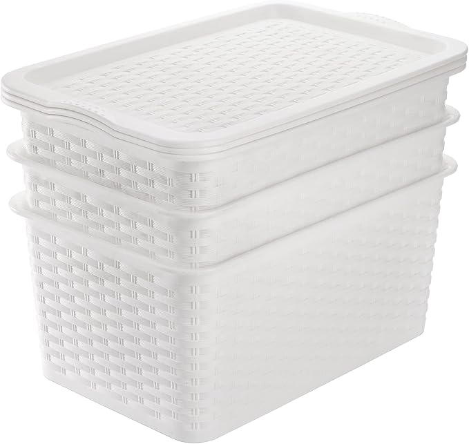 Dicunoy 4 Pack Lidded Storage Bins with Lids, White Stackable Storage Baskets for Shelf, Plastic Pantry Organizer with Handle for Home, RV, Lockers, Classrooms, School, Toys, 11" x 7" x 5"
