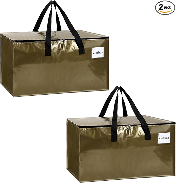 2-Pack Extra-Large Heavy-Duty Storage Totes with Reinforced Handles, Durable Zippers & Waterproof Material — Perfect for Space-Saving, Moving, Shipping and Travel (Smoked Gold)