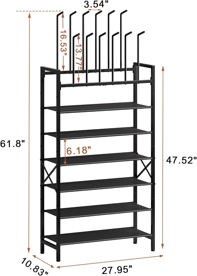 Free Standing Shoe Racks, 8-Tier Boot Rack Organizer for Tall Boots, Sneakers, High-Heel, Black Metal Shoe Storage for Dorm Room, Closet, Entryway, Hallway, Black, Holds 6 Pairs