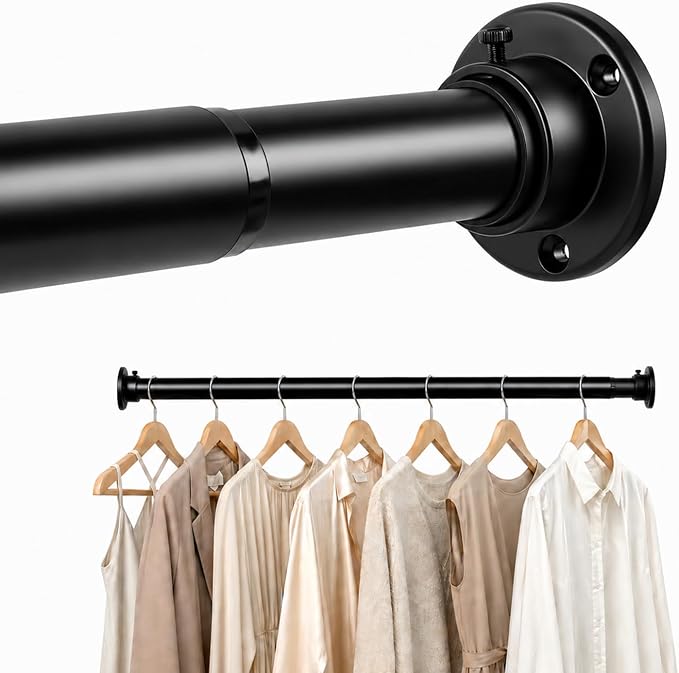 Closet Rod Adjustable 17 to 83 Inch, 1-1/4” Diameter, Closet Rods for Hanging Clothes, Stepless Metal Heavy Duty Hanging Rod for Closet Wardrobes Laundry RV (Black)