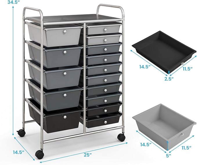DREAMADE Rolling Cart with 15 Drawers, Rolling Drawer Organizer Cart w/Lockable Wheels, Removable & 2-Sized Storage Drawers, Art Cart for School Home Art Supplies Crafts File Scrapbook (Mixed-black)