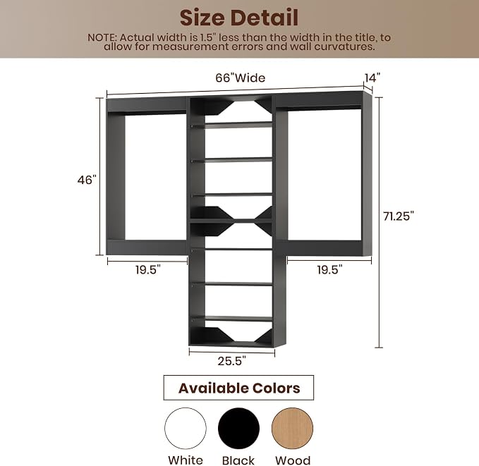 ROOMTEC Modular Closet System, 66" Wall-Mounted Closet Organizer with Hanging Rods and Shelves, Wooden Tower for Walk-In Closets, Wardrobe Storage Kit, Black