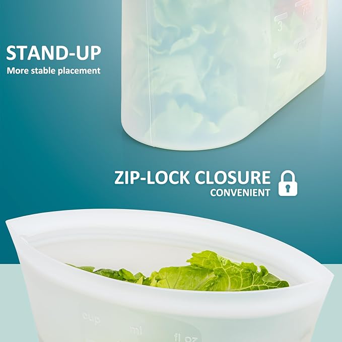 8-Pack Reusable Silicone Food Storage Bags, 100% Silicone Stand-Up Wide-Open Zip-Lock Reusable Storage Bags for Food, Freezer Microwave Oven Dishwasher Safe, Translucent, 4M 2S 2XS