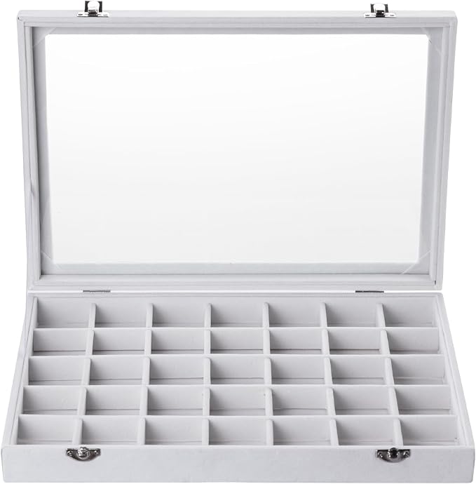 Frebeauty 35 Grid Earring Organizer,Velvet Jewelry Tray with Clear Lid | Drawer Jewelry Organizer for Rings Studs Beads,Adjustable Dividers,Dustproof Design,Earring Storage,Trinket Box,13.8×9.5Inch