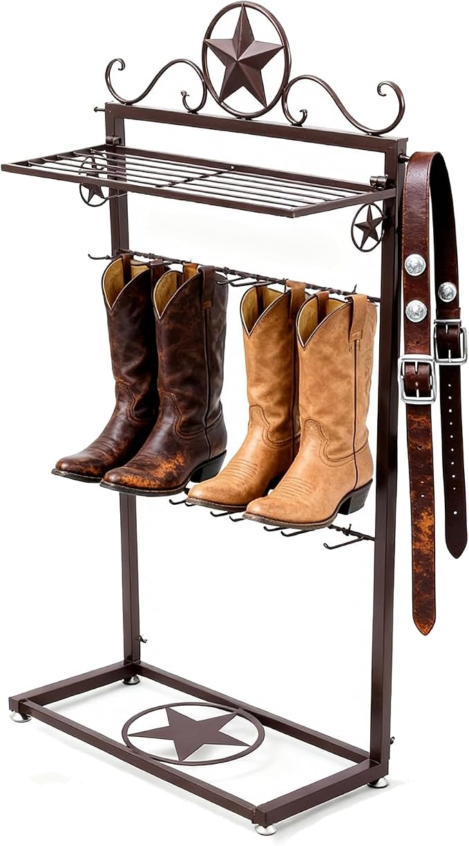 Novabright Western Boot Rack for 4 Pairs, Metal Star Freestanding Cowboy Boot Rack Vertical Organizer Storage Rustic Western Tall Boots Organizer Shelf for Tall Boots Hats Belts and Accessories