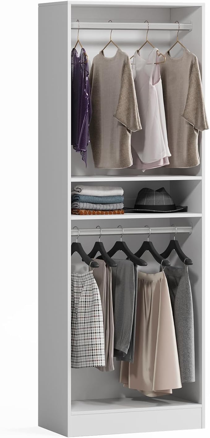 VOWNER 25'' Freestanding Closet System Walk-in Wardrobe Closet Tower | White Shelves with 2 Hanging Rods, Modular Expandable Open Closet Organizers, Clothes Garment Rack for Small Closet
