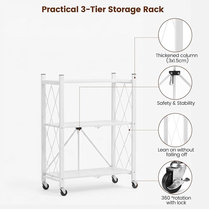 ALANNG 3 Tier Folding Storage Shelf on Wheels,Heavy Duty Metal Rolling Cart | Compact & Portable, No Tools Assembly, Folds to 3.9" Flat, Reinforced Iron Frame, Lockable Casters, for Any Room
