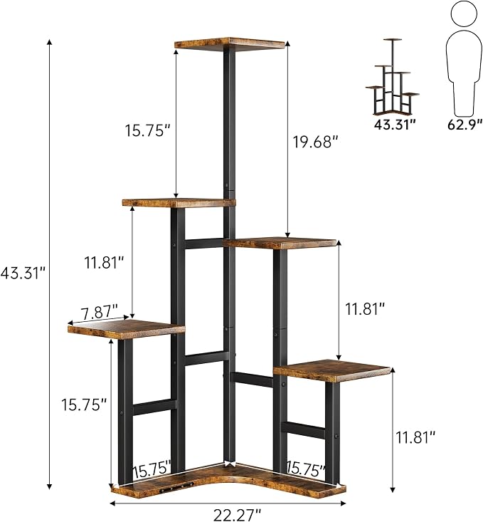 Yzosvki Corner Plant Stand Indoor with Grow Lights, 6 Tiered Corner Plant Shelf Flower Stand for Multiple Plants, Plant Shelves Organizer Rack for Living Room, Balcony, Patio, Square Rustic Brown