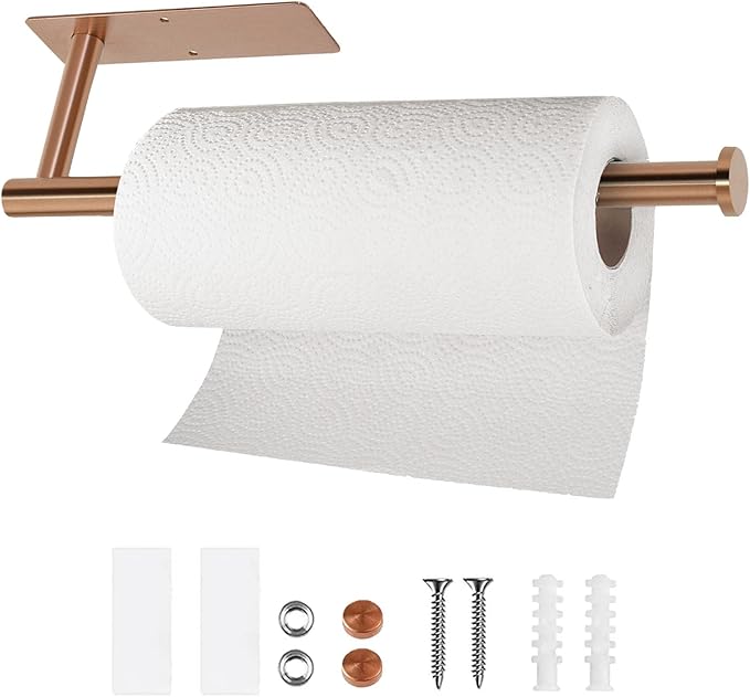 Paper Towel Holder-Under Cabinet Wall Mounted Magnetic Paper Kitchen Towel Holder SUS304 Stainless Steel 13inch Rose Gold Paper Towel Holder for Bathroom Vanity Storage Organzier