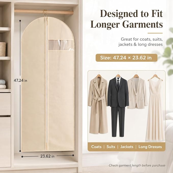 Garment Bags for Hanging Clothes, 5 Pack Non-Woven Clothes Covers | Breathable Closet Storage Bags with Clear Window, Dust Covers for Suits, Coats, Dresses, Jackets and Shirts, Beige