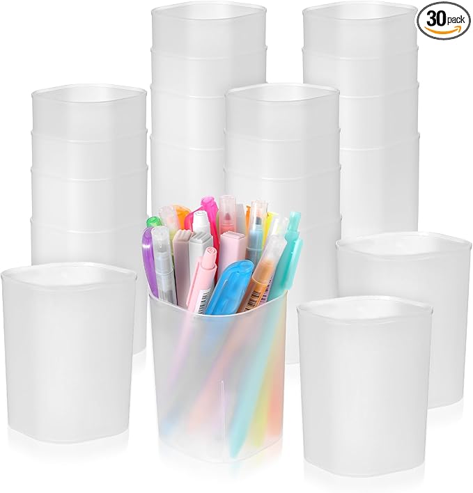 Lemecima 30 Pack Pen Holder Pen Cups for Desk Organizers and Storage Stationery Plastic Matte Pencil Holder Cups Ins Style Transparent for Office School Home Supplies