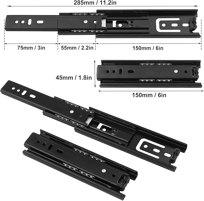 8 Pair 6 Inch Black Soft Close Drawer Slides, Heavy Duty Drawer Slides, Ball Bearing 3 Folds Full Extension, Used in Keyboard Trays, Table Drawers, Shelves, Nightstands, and More, by GENHAKON