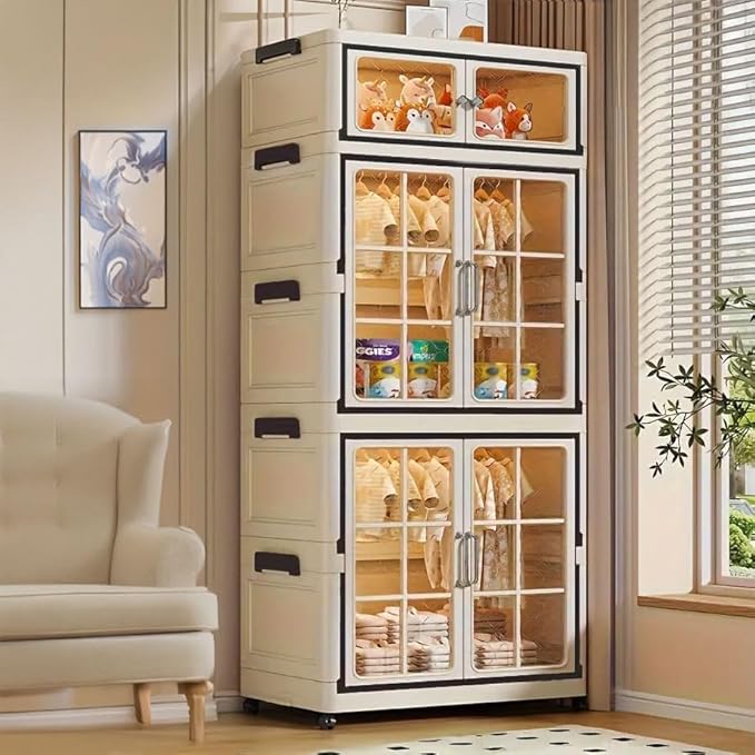 SunSettler Large Collapsible Plastic Storage Bins with Lid, Stackable Cabinets with Wheels, Folding Storage Cabinets, Stackable Closet Organizers for Home and Office