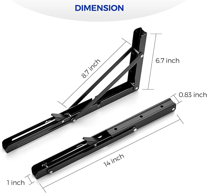 Ravinte Matte Black Folding Shelf Brackets, 14 Inch, 2 Pack | Collapsible Bracket Design, Table And Bench Support, Space-Saving Shelf Setup, For Worktops, Laundry Rooms, Garage Projects