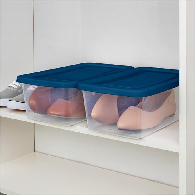 Sterilite Set of 60 Storage Boxes, Clear Plastic Stackable Containers, Lightweight Home Organizers with Snap Lids, 6 Quart, Marine Blue