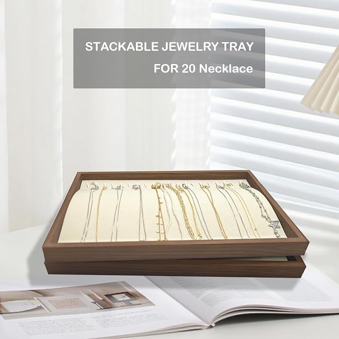 Large Jewelry Trays for Drawers Stackable Velvet Jewelry Display for Vendors Jewelry Drawer Organizer Inserts for Rings Necklace Bracelets Earrings and Studs Earrings (Beige, 20 Hooks)