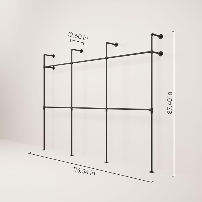 pamo Industrial Clothing Rack Wall Mounted Black – 117" W × 87" H, 880 lbs | Heavy Duty Pipe Closet System in Black Powder Coated Steel, Scratch-Resistant, Double Rod, Easy Assembly, Closet Organizer