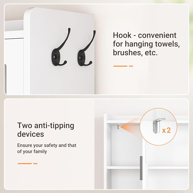 ELYKEN Over The Toilet Storage Cabinet with Pulley Bathroom Storage Cabinet, Home Space-Saving Over Toilet Rack with Glass Doors & Open Adjustable Shelf for Bathroom, Restroom, Laundry, White