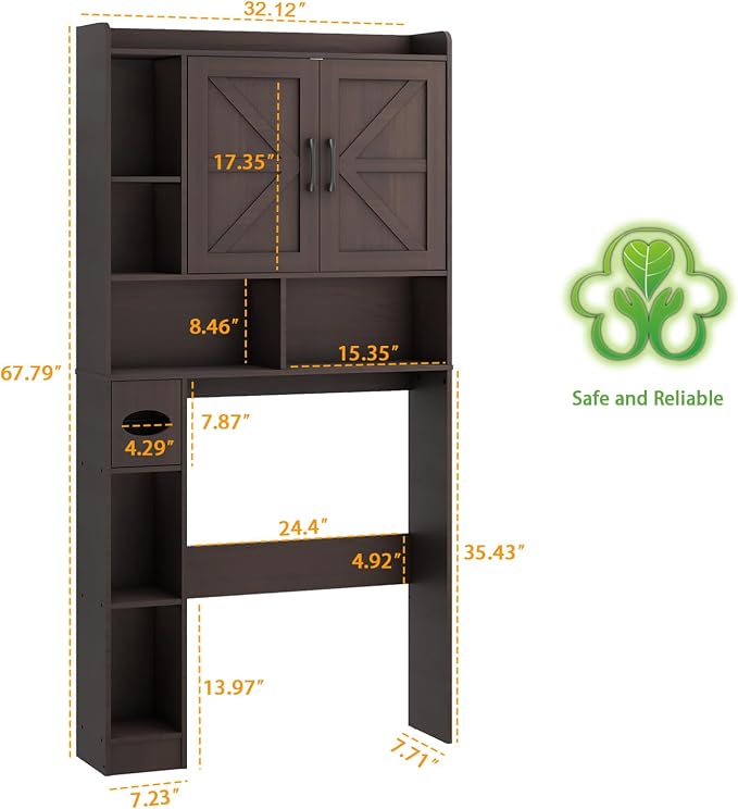 Vabches Over The Toilet Storage Cabinet with 2 Barn Doors, Espresso | Farmhouse Storage Cabinet with Toilet Paper Holder Stand，Home Space-Saving Toilet Rack, for Bathroom, Restroom, Laundry