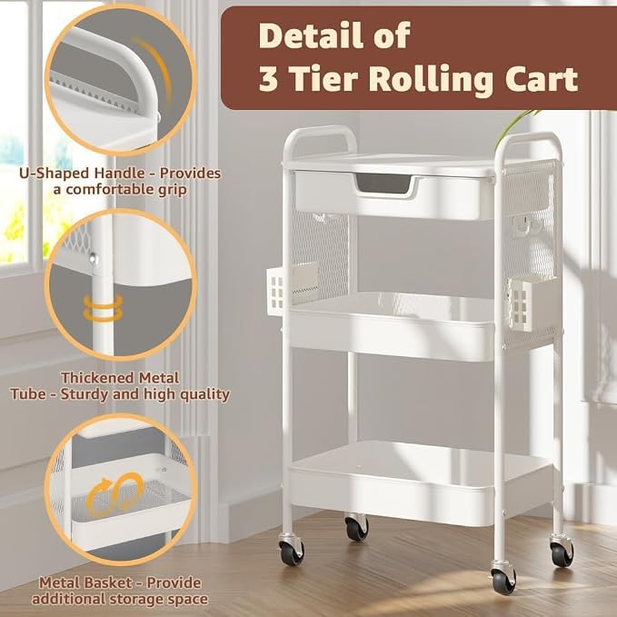 3 Tier Rolling Cart with Drawer, Metal Rolling Utility Cart on Wheels with Pegboard, Art Cart Storage Organizer with Tabletop for Living Room, Office, Bedroom (White)