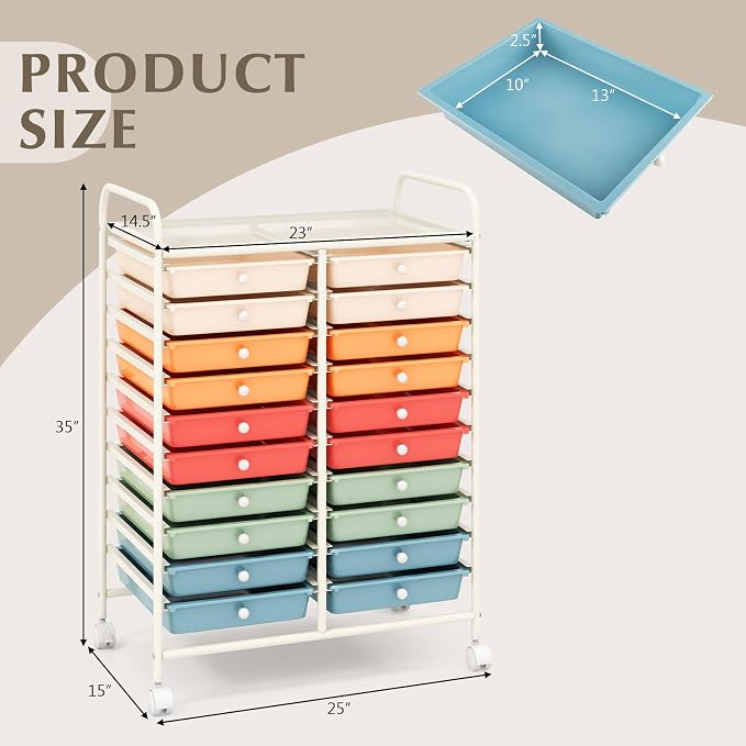LDAILY 20-Drawer Rolling Storage Cart, Rolling Storage Cart, Storage Organizer on Wheels, Metal Frame, Scrapbook Paper Tools, Suitable for Office School, Classroom (Macaron, 20 Drawer)