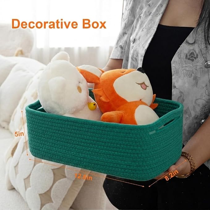 Small Storage Baskets for Organizing, Woven Storage Bins for Shelves, Gift Basket Empty, Cute Decorative Closet Organizer, Baby Rope Basket, Dog Toy Storage, 13.2x8.2x5.2”, 3Packs Green