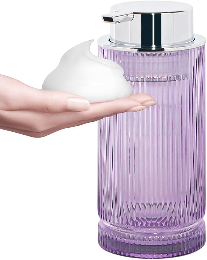 Foaming Soap Dispenser, Purple Glass Foam Soap Dispenser with Silver Pump, 14 Oz Bathroom Refillable Liquid Lotion Pump Ribbed Bottle Container for Kitchen Countertop Decor
