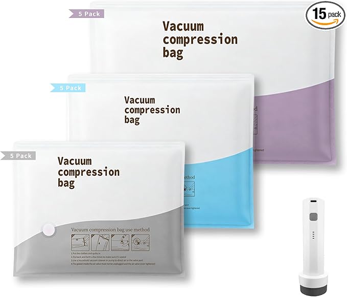 Hanari Vacuum Storage Bags for Travel with Electric Pump, 15 Combo 5(S+M+L) | Save 80% Space|Wireless Electric Pump|Vacuum Bags for Travel|Clothing Storage|1500mAh Battery|4000Pa Suction